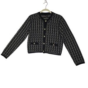 River Island London US10 BlackGoldTweed Knit Cardigan Jacket Buttons FakePocket